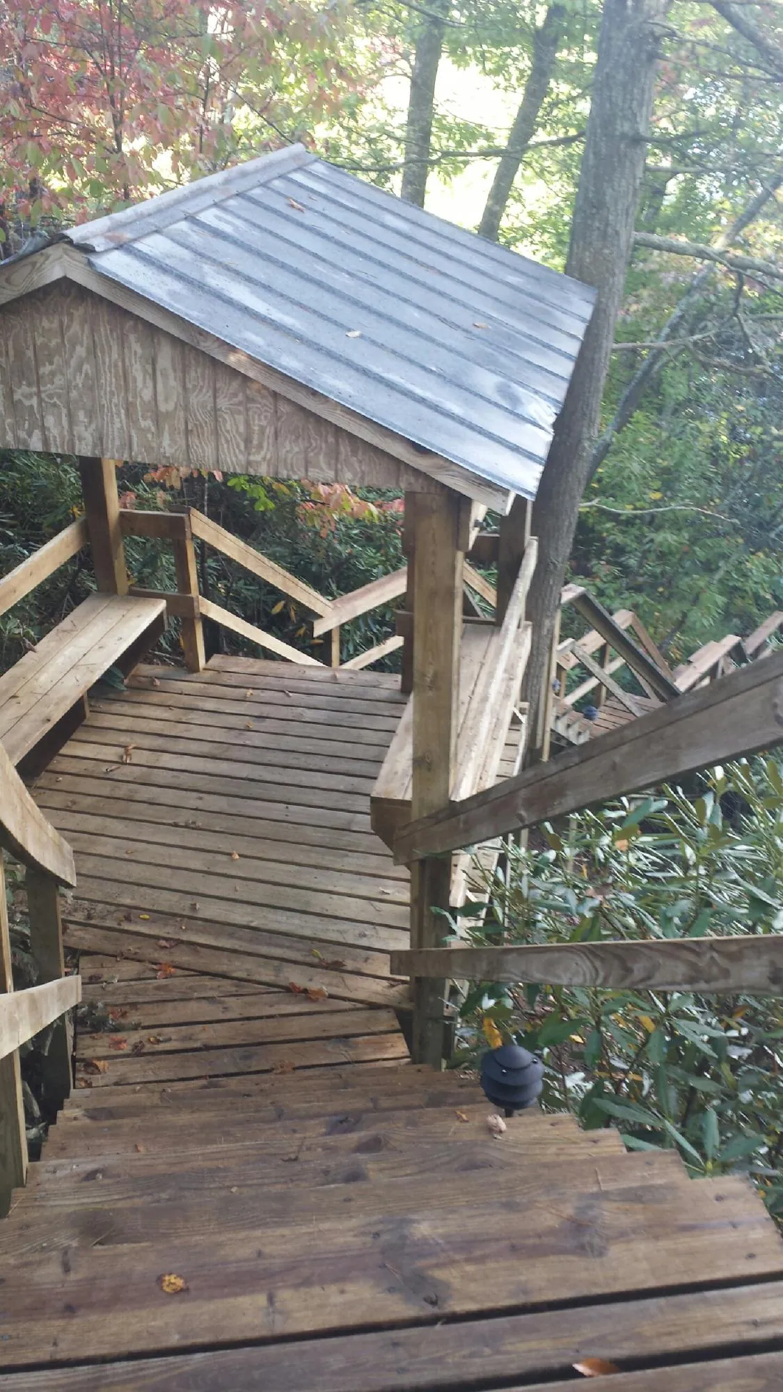 Metal roofed shelter over wooden steps on a wooded walkway — Skylight Repair & Installation work by our crew in Fawn Grove